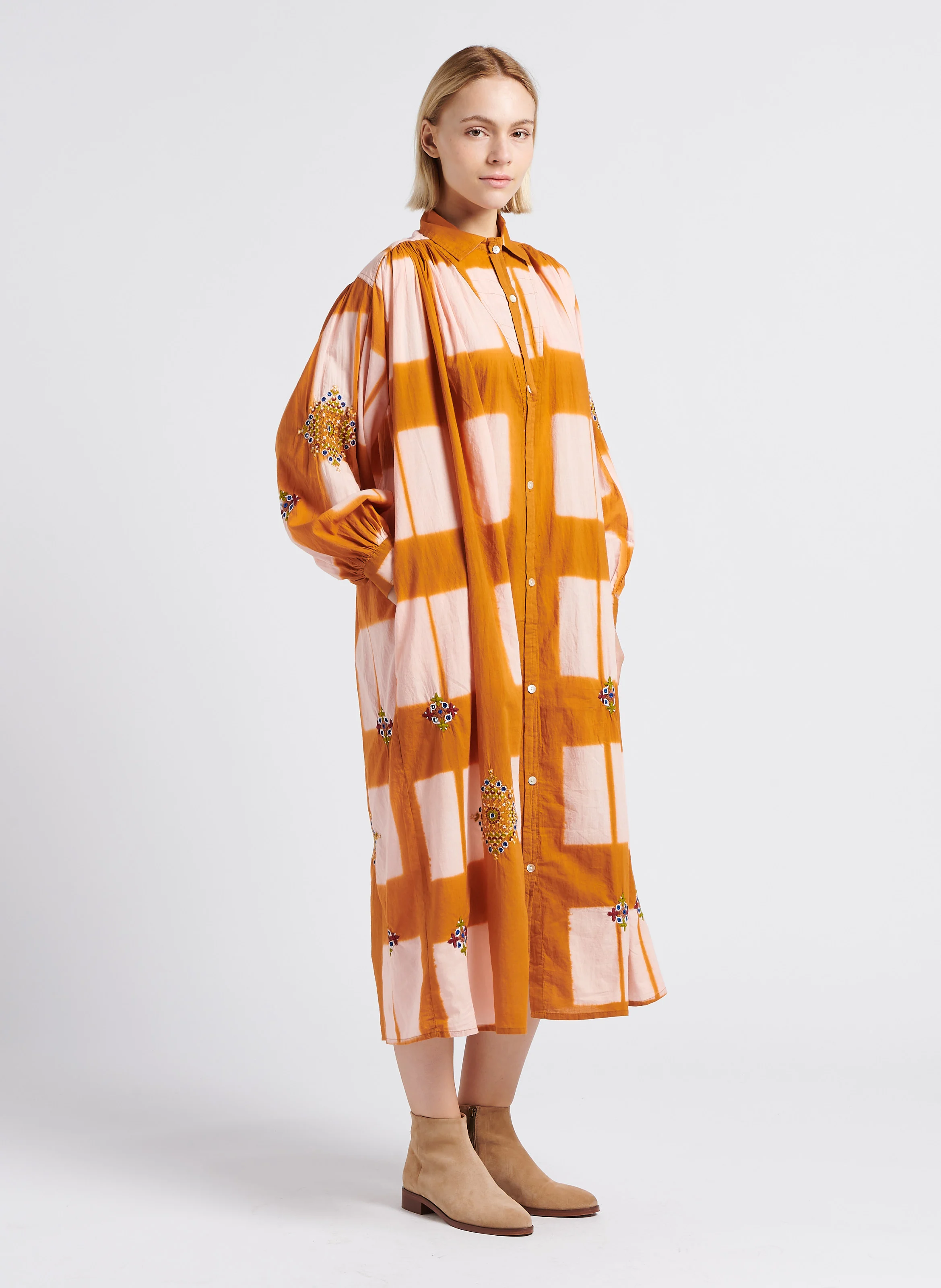 PALM - Robe midi col classique imprimée et brodée en coton| Orange
