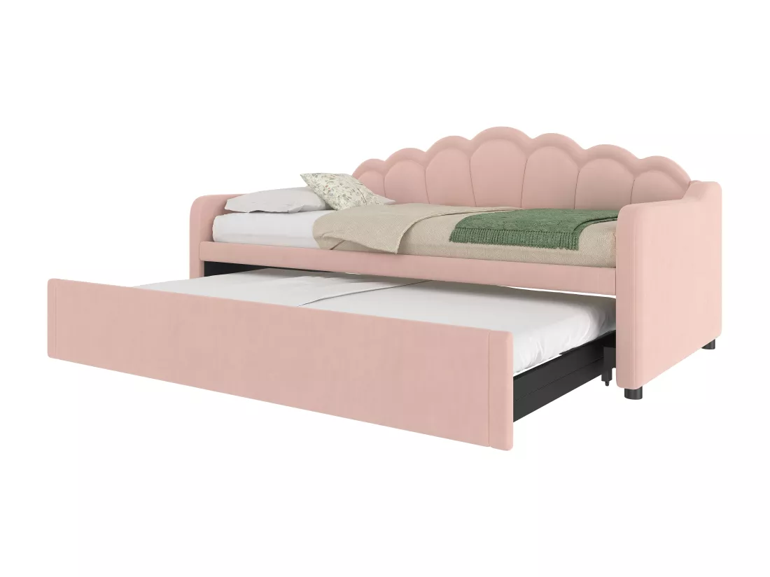 Canapé-lit 90x200/180x200 cm - avec lit gigogne - avec bande lumineuse LED - velours - rose (matelas non inclus)