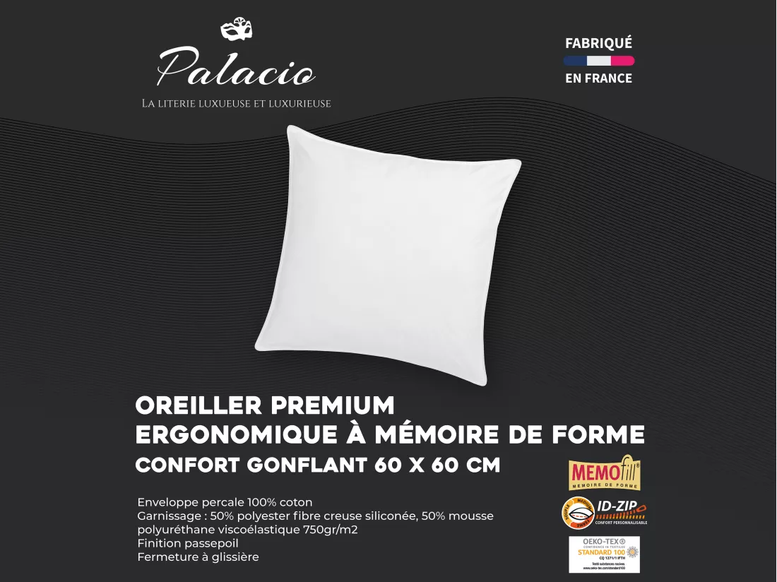 Oreiller mémoire de forme mémofill 60 x 60 cm - Percale de coton - 91 fils/cm² - 750 gr - Blanc - AUXENCE