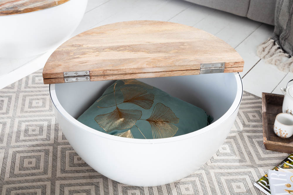 Upcycling Design Couchtisch INDUSTRIAL STORAGE 70cm weiß Mangoholz handmade