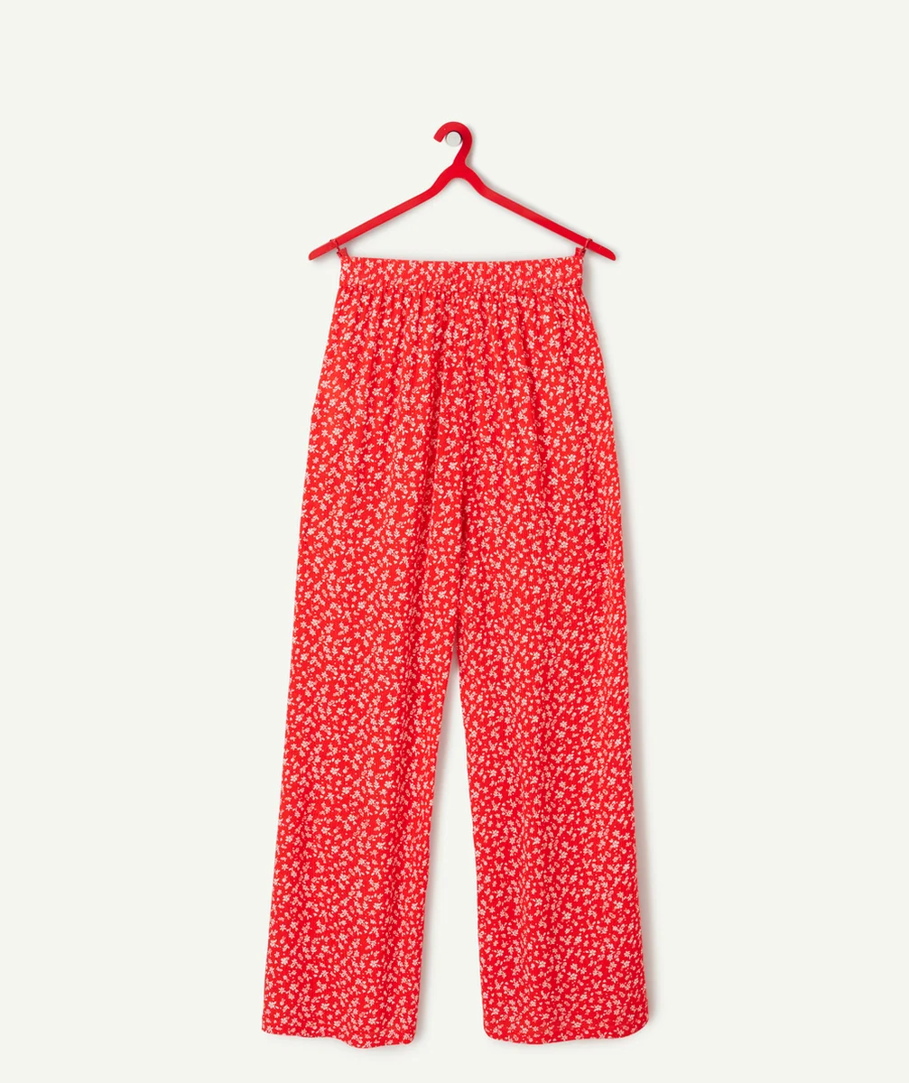 pantalon large fille en viscose responsable rouge imprimé à fleurs
