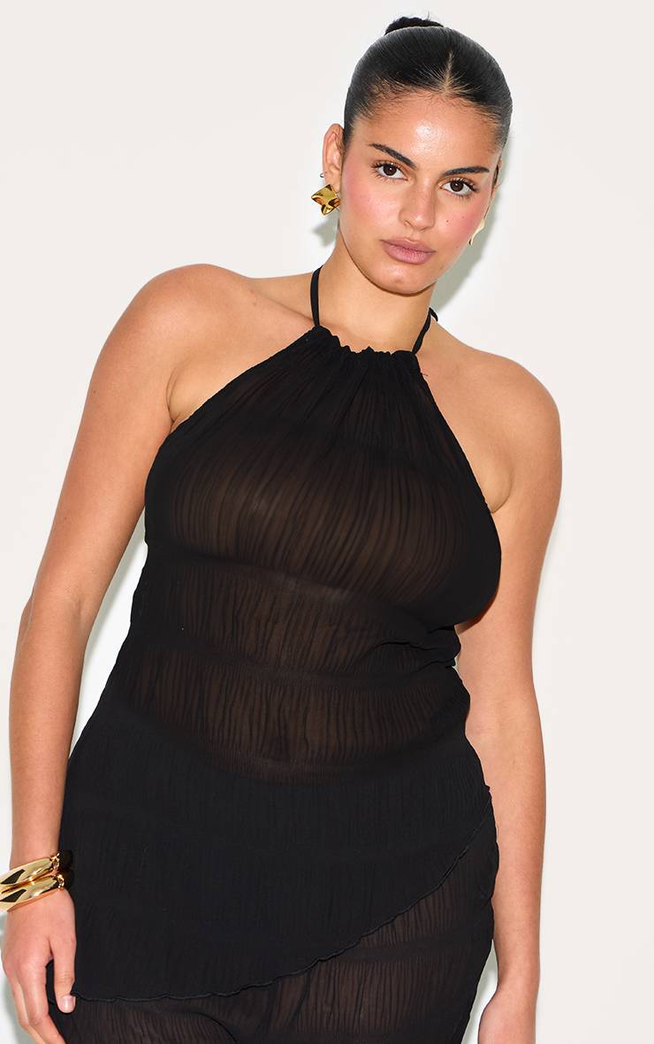 Noir Ensemble Coordonné Grande Taille Haut Long Asymétrique Transparent Dos Nu En Tissu Texturé
