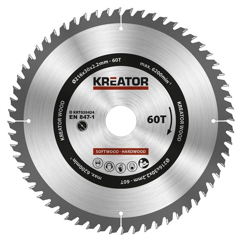 Kreator KRT020424 cirkelzaagblad 216mm 60T voor hout