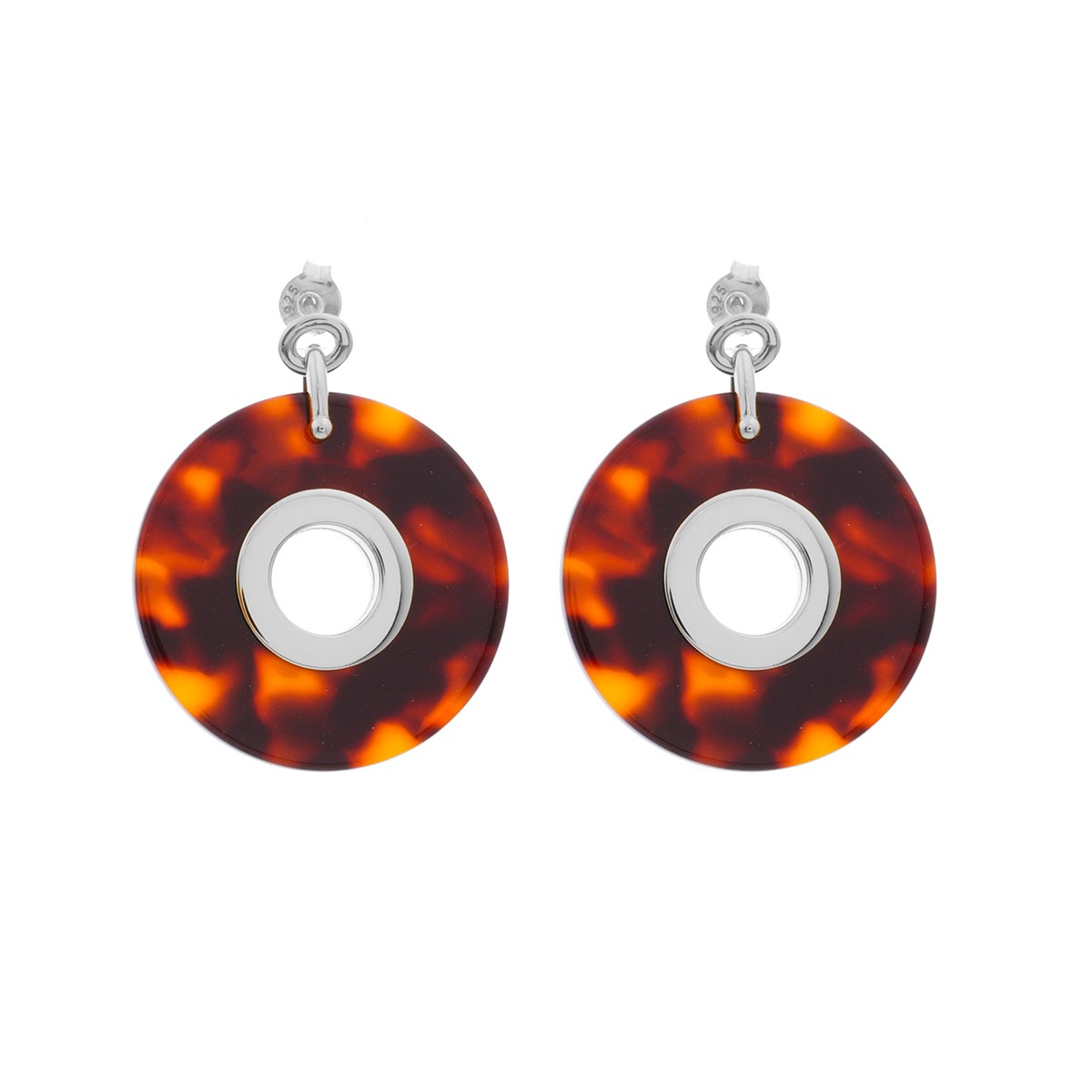 Boucles D'oreilles Disque Argent Rhodié Et Acétate Marron