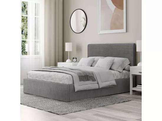 Lit adulte avec tête de lit et coffre de rangement – couchage 140x190 cm – tissu gris - sommier inclus - ANDY