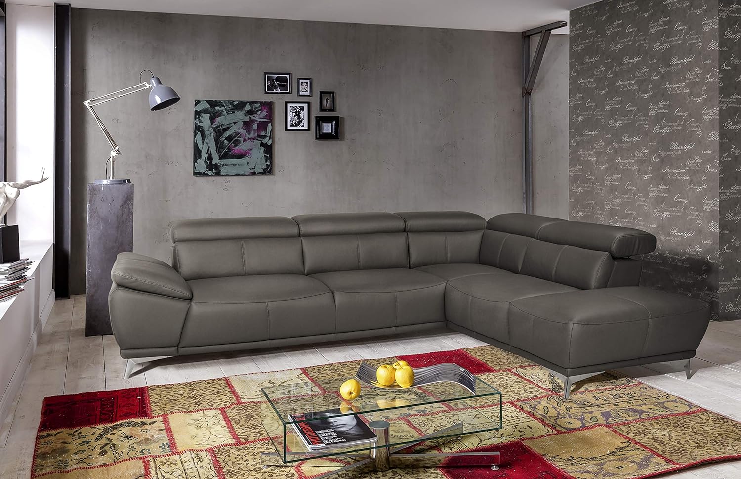 Mivano Ecksofa Felipe in Echtleder / Moderne Eckcouch mit verstellbaren Kopfstützen / 292 x 73 x 233 / Leder Fango (grau)