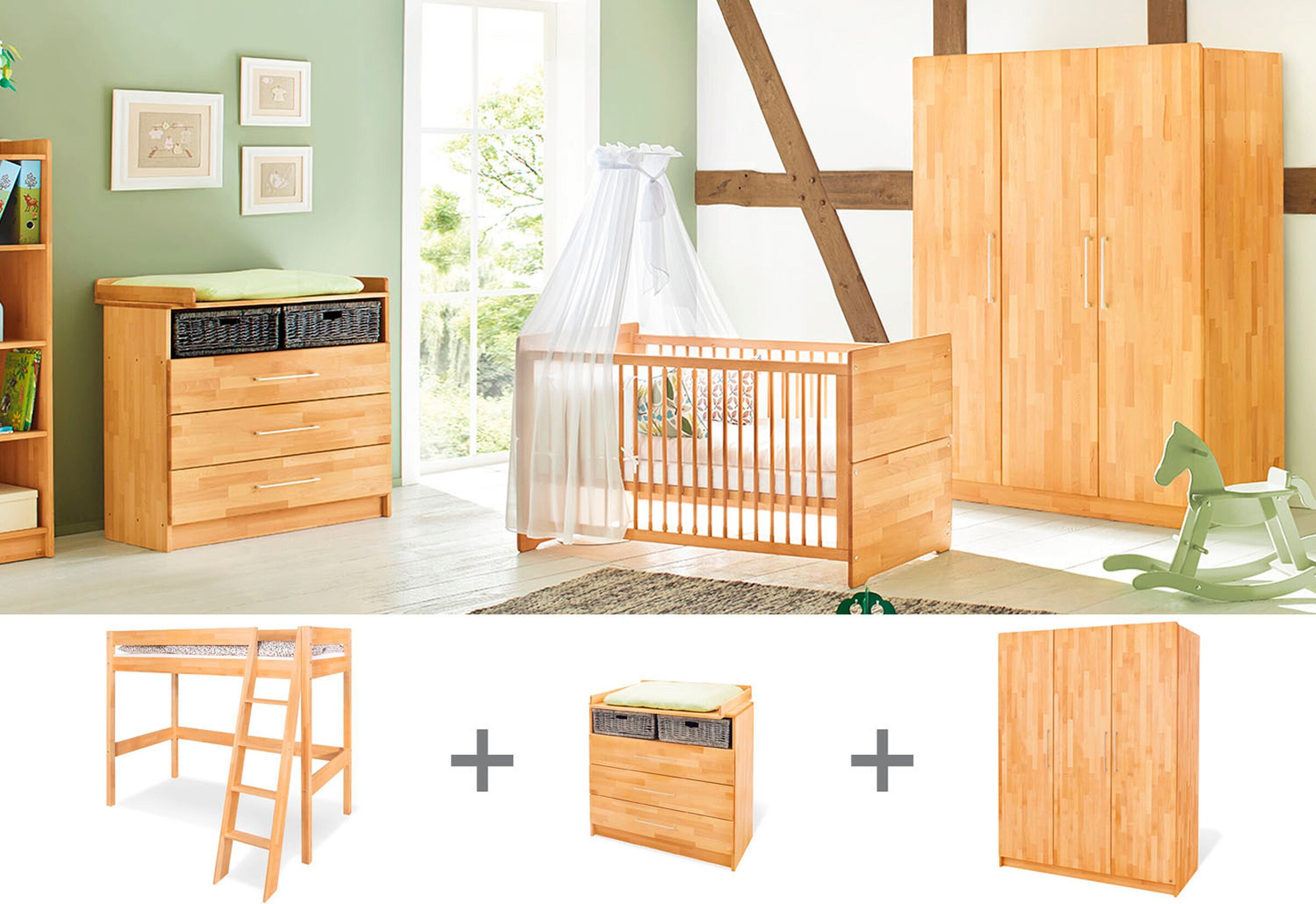 Pinolino Jugendzimmer-Set „Natura” breit groß mit Hochbett, 3-tlg.