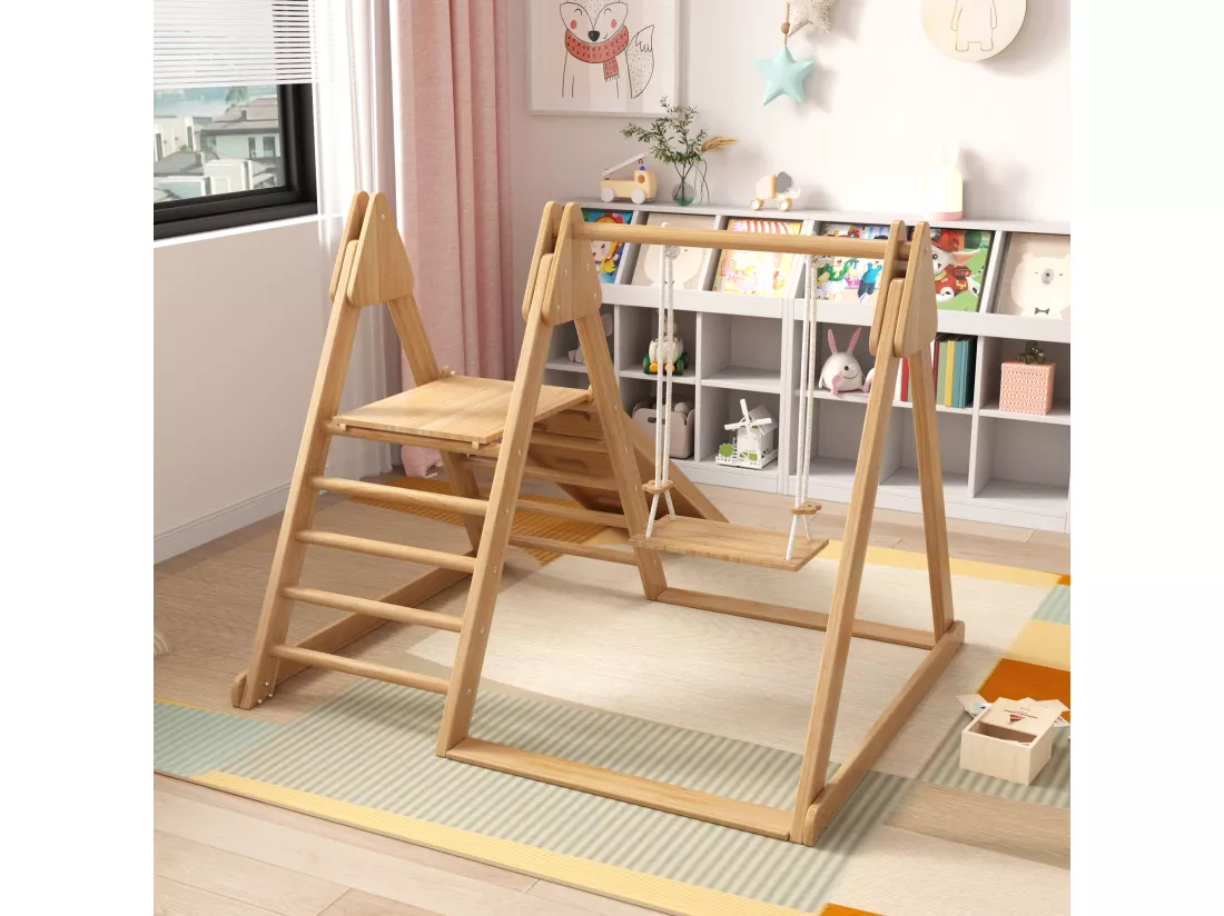Toboggan et balançoire Enfants - 123 x 48 x 18cm - en matériel bois - 3 en 1 avec escalade - Naturel