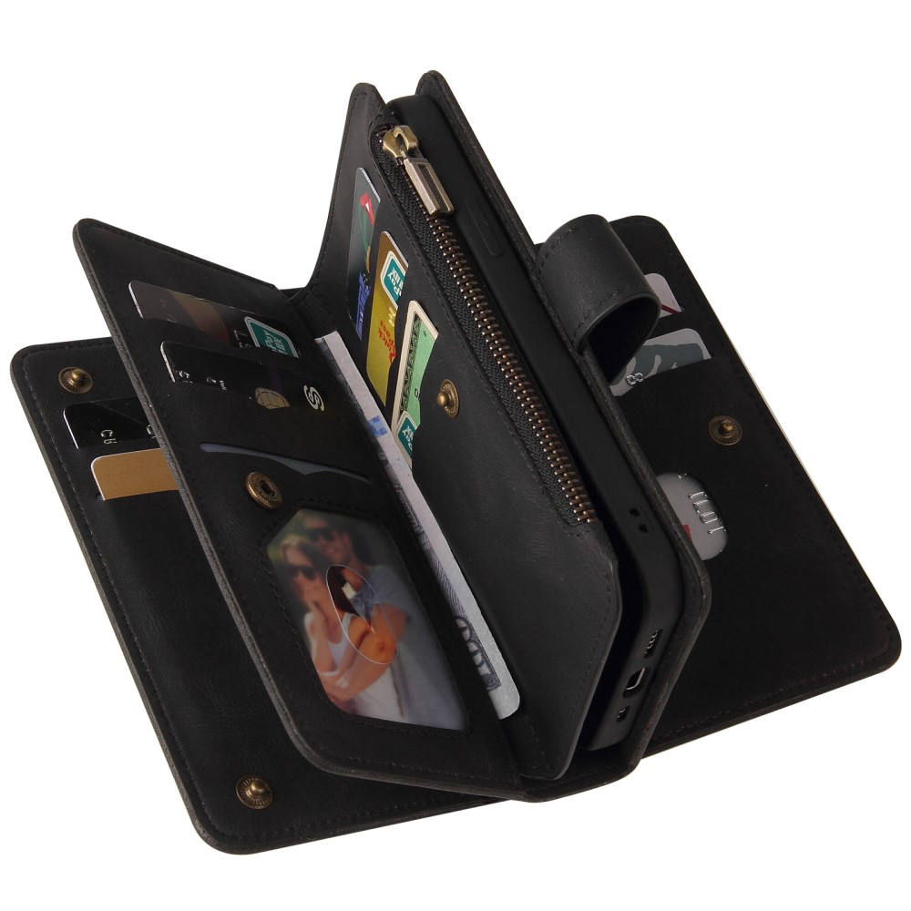 Samsung Galaxy S23 Ultra 5G Leder Wallet Etui Tasche mit 15 Kartenfächern   Münzfach - Schwarz