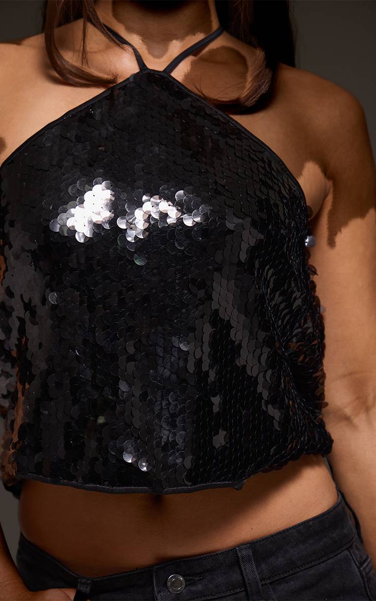 Noir Haut Dos Bénitier À Sequins Ronds Et Encolure Américaine