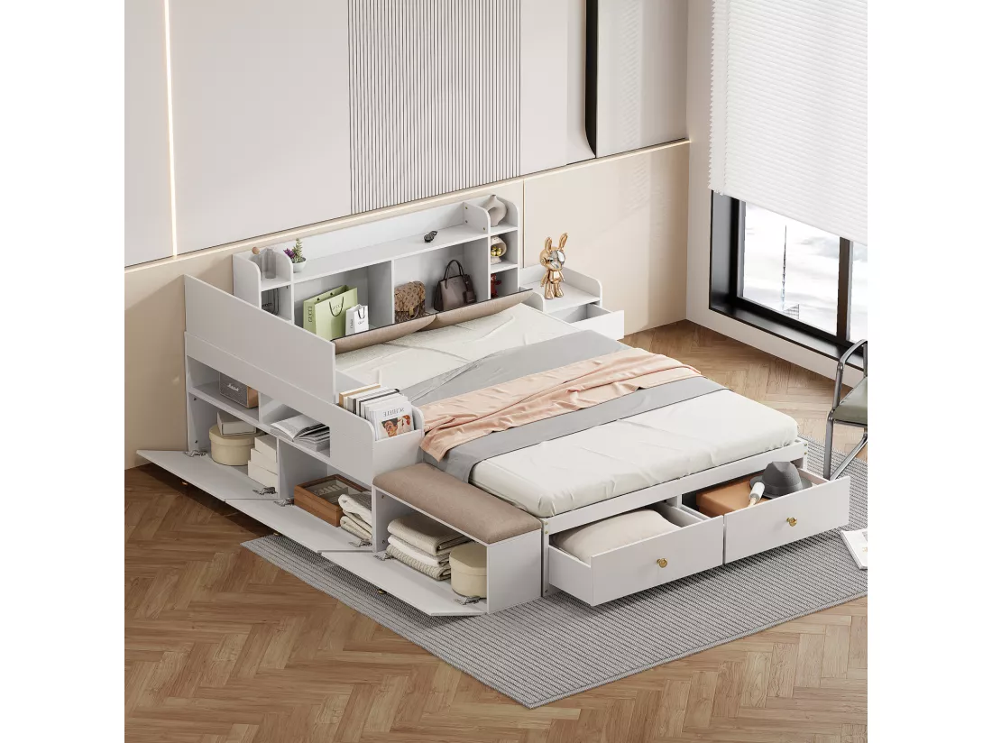 Lit Combiné en Bois Massif - 140x200cm - Tête de lit avec rangement - avec Tiroirs, Table de nuit, Banquette de canapé