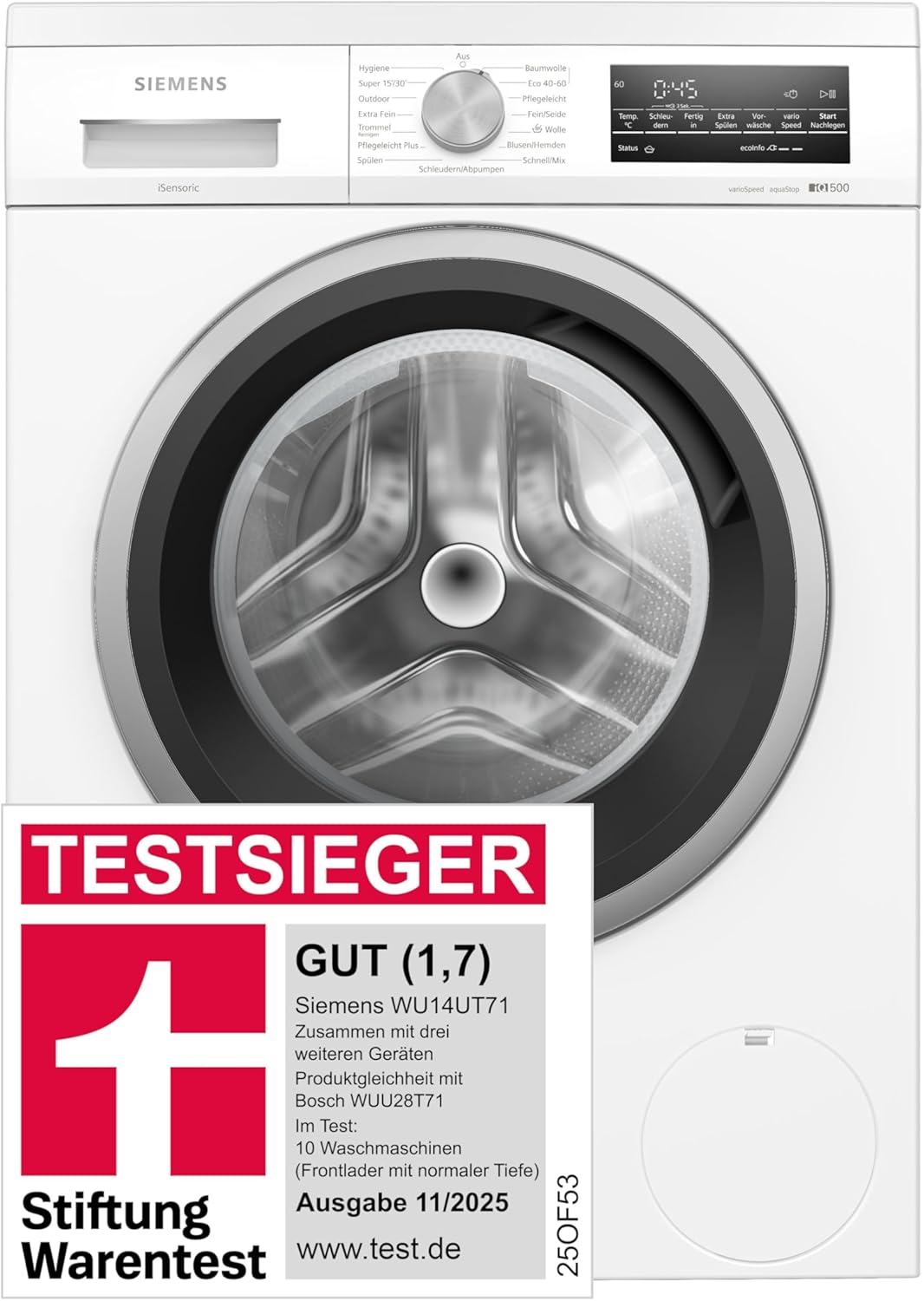 Siemens WU14UT71, Stiftung Warentest Testsieger*, iQ500, Unterbau-Waschmaschine 8 kg, 1400 UpM, Antiflecken-System, smartFinish für weniger Bügeln, Schneller Waschen mit speedPack L, Nachlegefunktion