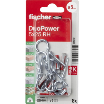 Fischer Universeelplug DuoPower 5x25mm met schroefhaak 8 stuks