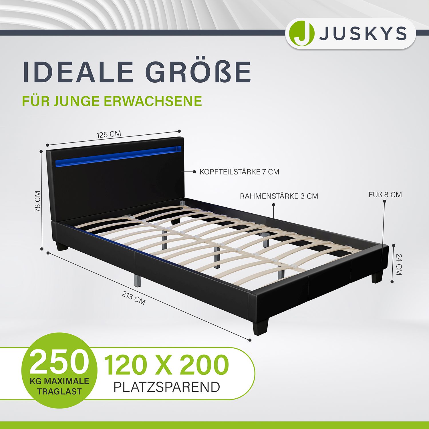 Juskys Polsterbett Verona 120 x 200 cm – Bett mit LED-Beleuchtung, Lattenrost & Kopfteil Schwarz