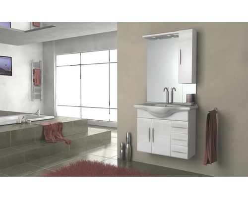 Badkamermeubelset Baden Haus Aida BxHxD 85 x 173 x 50 cm, fronten hoogglans wit, met witte keramische wastafel en badmeubel, wastafelspiegel met LED-verlichting, wandkast