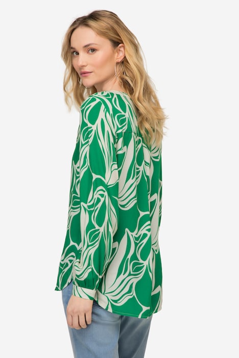 Bluse, grafischer Blütenprint, Stehkragen, Langarm