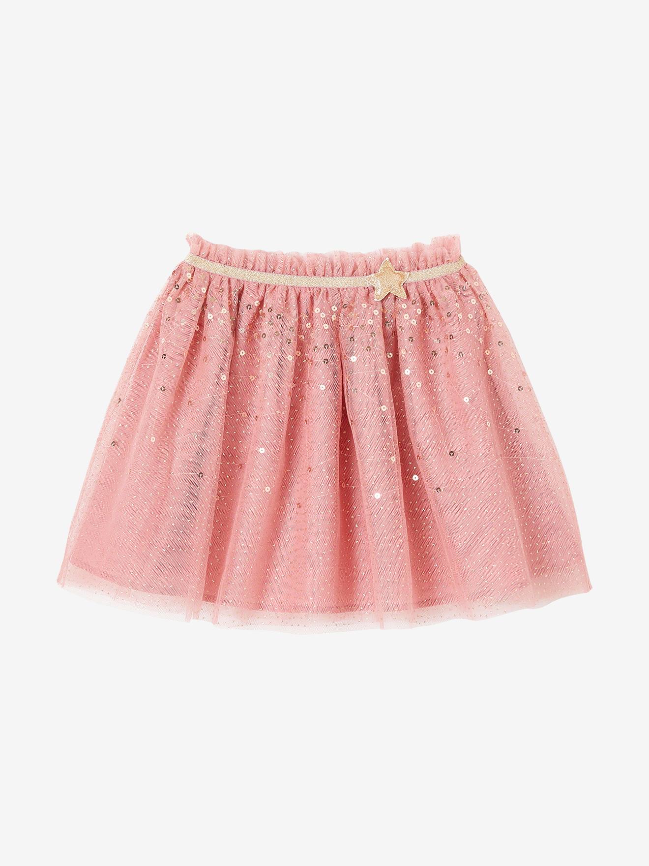 Saia estilo anágua feita de tule cravejado com lantejoulas e glitter rosa antigo.