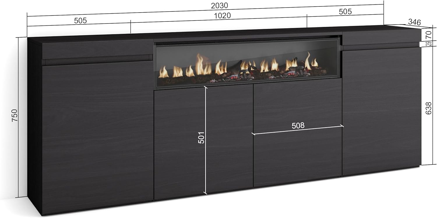 Skraut Home | Sideboard, Highboard | Kommode, Komodenschrank | 200x75x35cm | 4 Türen | Elektrokamin. Maße | Moderner Stil | Schwarz