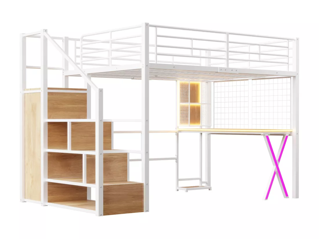 Lit mezzanine 140x200cm avec LED - bureau + penderie + échelle de rangement - Blanc