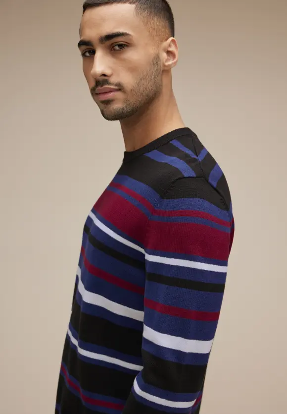 Feinstrick Streifenpullover - true blue
