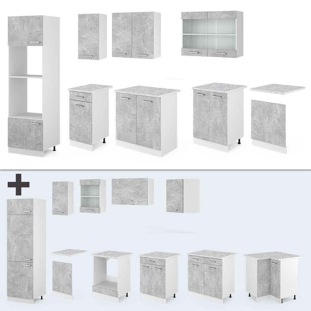 VICCO KÜCHE R-LINE 300 CM KÜCHENZEILE KÜCHENBLOCK EINBAUKÜCHE BETON OHNE ARBEITSPLATTEN