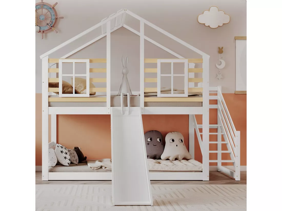 Lits superposés cabane 90 x 200 cm, avec escaliers, grilles et toboggan, Pin + MDF, Blanc