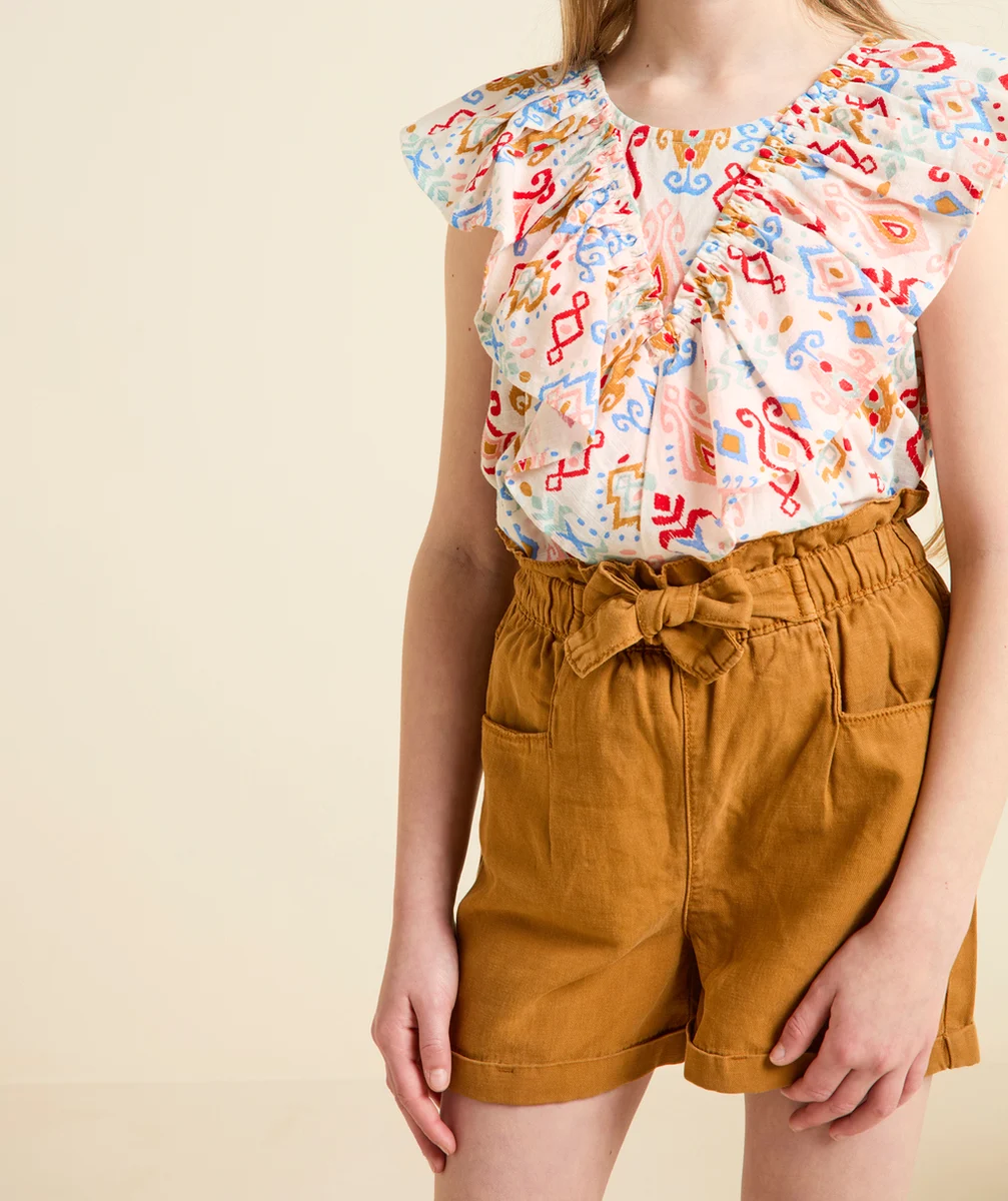 short fluide fille en viscose responsable marron avec noeud