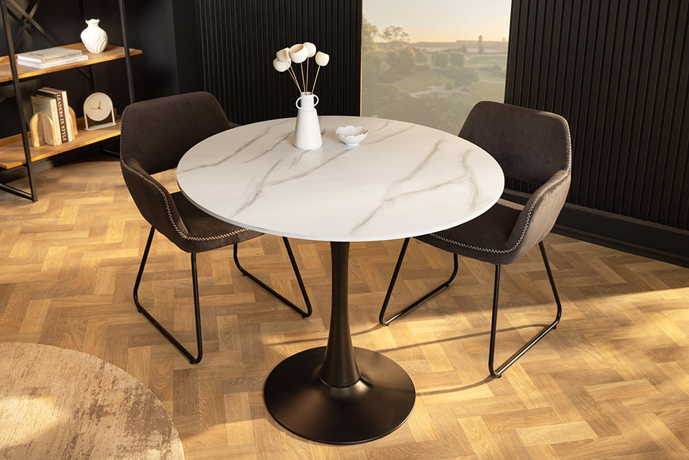Runder Esstisch LYON 80cm weiß Marmor Keramik Bistrotisch schwarzer Säulenfuß