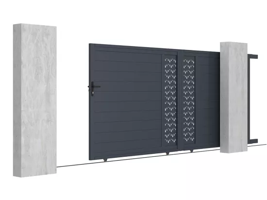 Portail électrique coulissant aluminium semi plein à motifs L416 x H180 cm anthracite GREGOR
