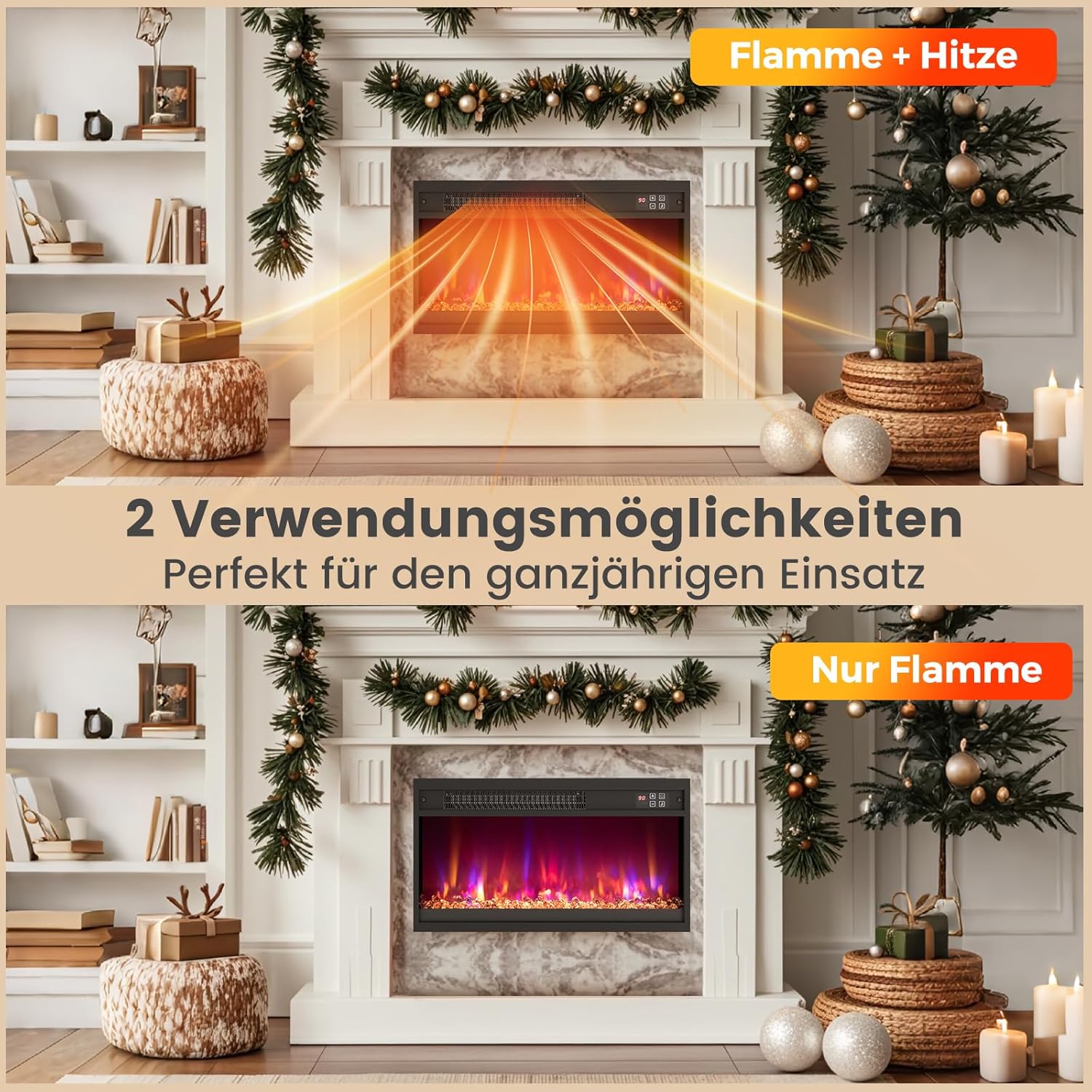 COSTWAY Elektrokamin mit Heizung 1500W, Einbaukamin mit Fernbedienung, 0,5-9H Timer, einstellbare 3D-Flammeneffekt, Wandkamin mit 17℃-32℃ Thermostat (49 x 12 x 45 cm, 18 Zoll)