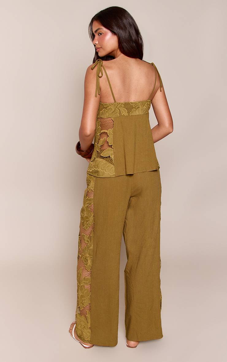 Vert Olive Pantalon Coordonné À Appliqués De Dentelle Florale