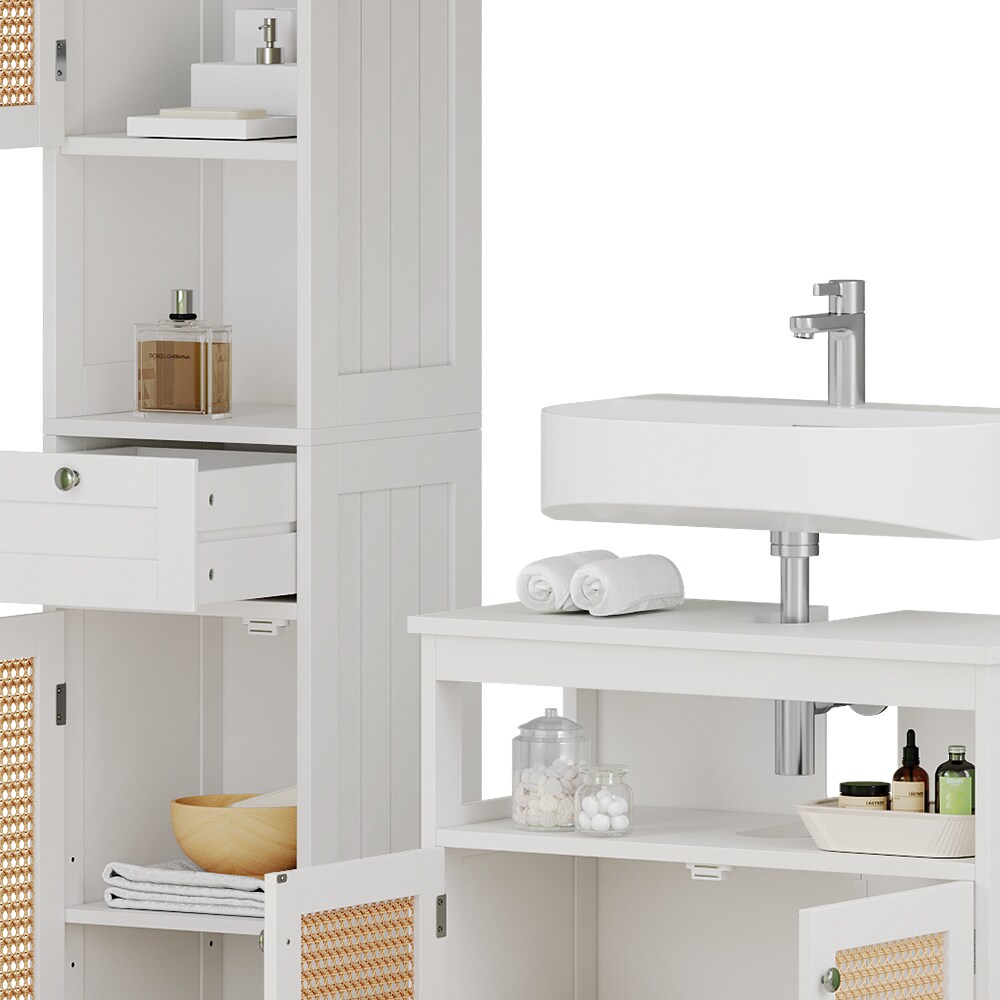 Vicco Badmöbel-Set Rosario, Weiß, moderne Serie, Badezimmer, dekorative Front, Spiegelschrank, Waschtischunterschrank, Hochschrank