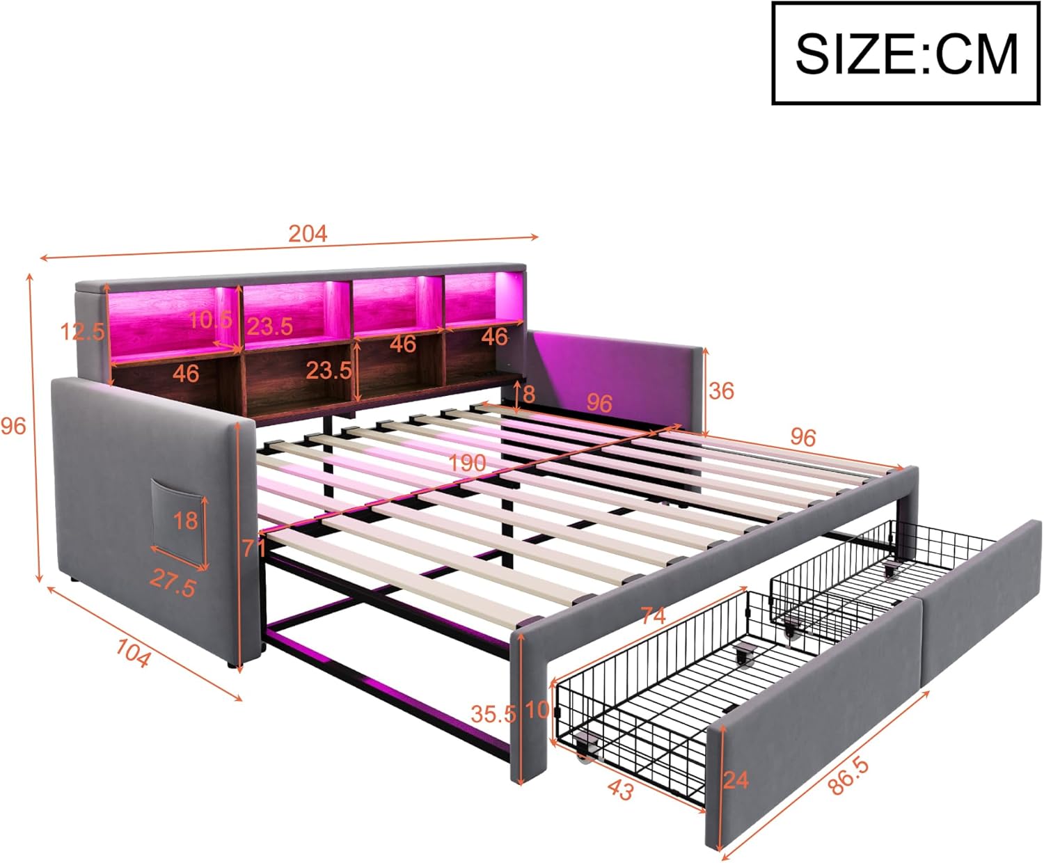 Ausziehbares Polsterbett Schlafsofa 90/180 x190cm, Kopfteil mit integrierten Staufächern, LED-Lichtleiste und Ladesteckdosen, Mit Zwei Schubladen und Lattenrost, Samtstoff Dunkelgrau