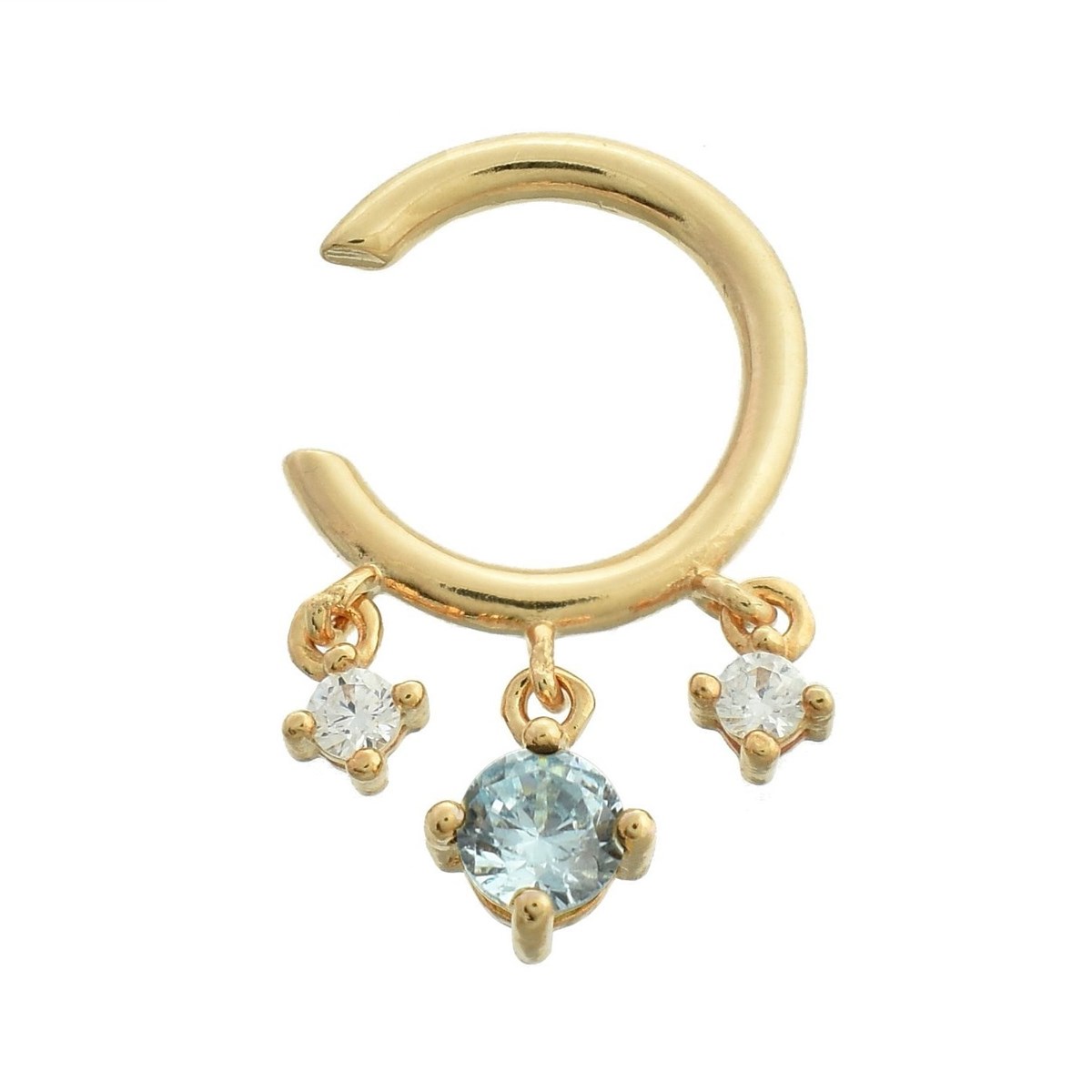 Clip d'oreille earcuff 3 oxydes de zirconium pendants central bleu Plaqué OR 750 3 microns