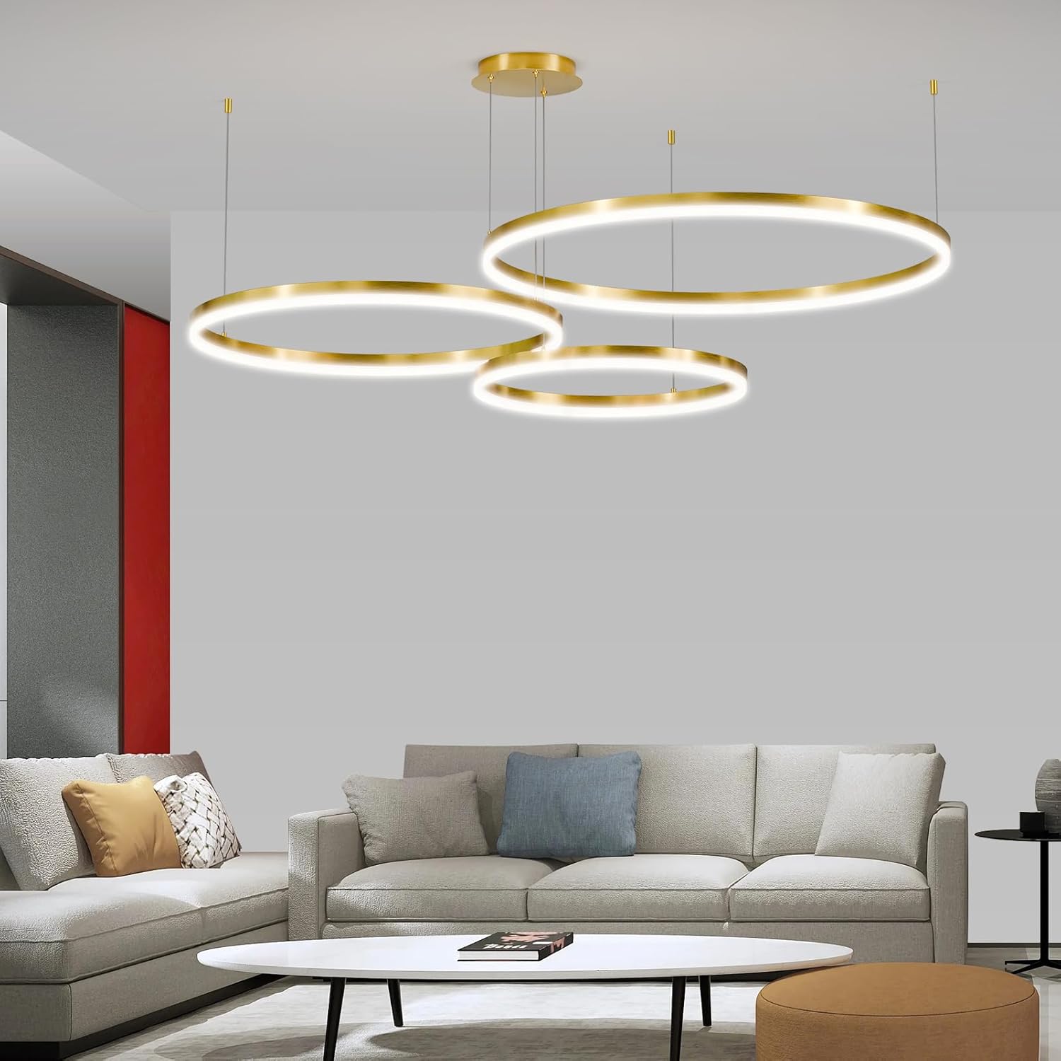Mikeru Led Pendelleuchte, Gold Wohnzimmerlampe ø40+60+80cm Verstellbare Runde Pendellampe, 85w 3-Ring Kreisförmige Led Hängelampe Mit Memory-Funktion 10%-100% Dimmbarer Kronleuchter Kücheninsel