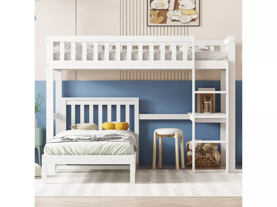 Lits superposés 2 x 90 x 200 cm avec bureau et échelle - bois massif + MDF - blanc (sans matelas)