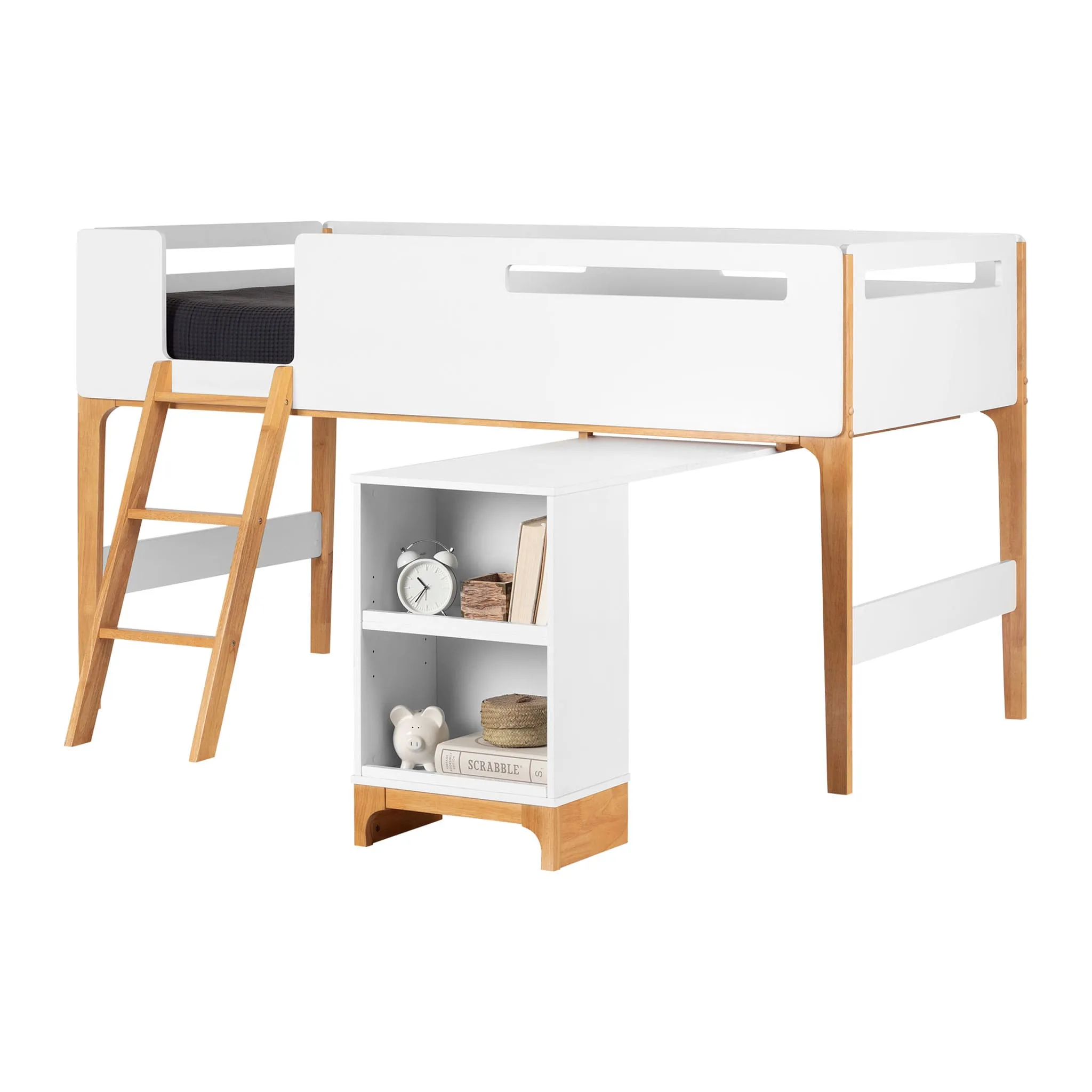 South Shore Lit Simple Mezzanine avec bureau - Bebble Blanc et Naturel