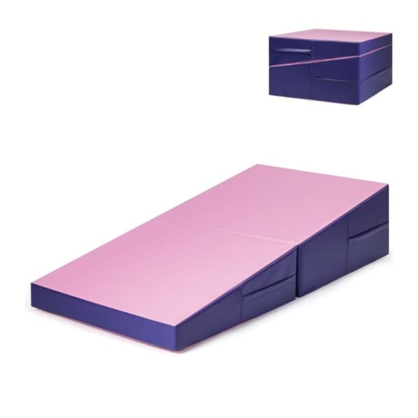 Skrå turnmatte, kileformet myk gulvmatte, sammenleggbar 2 i 1 turnmatte med bærehåndtak 150 x 75 x 36 cm rosa + lilla