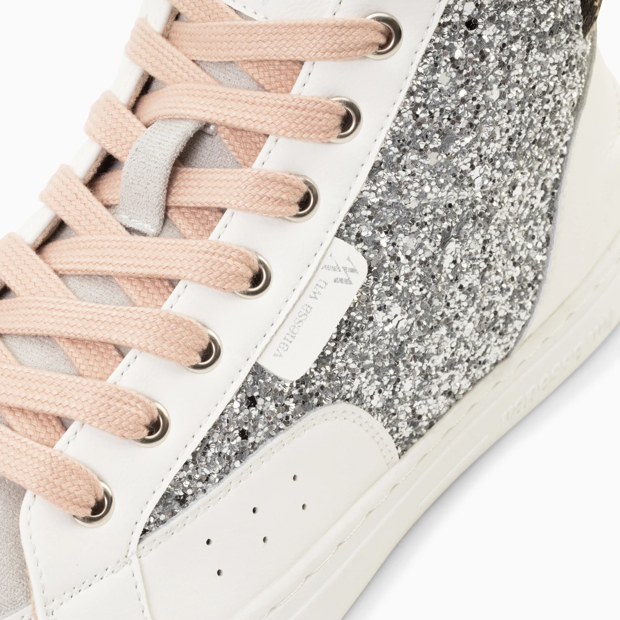 Sneakers-Baskets montantes Gwen à paillettes argent et lacets vieux rose