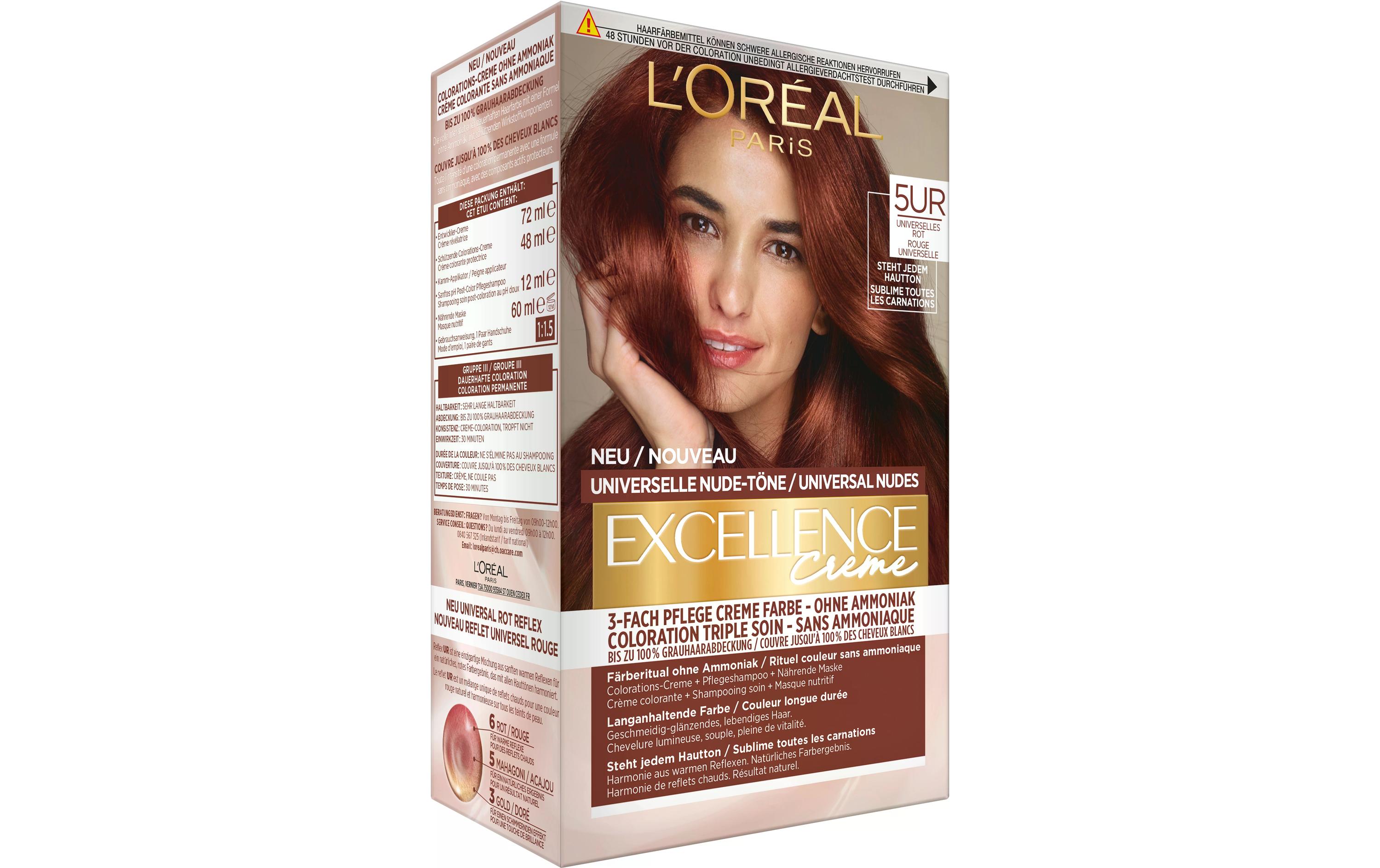 Haarcoloration Excellence 5UR Universelles RotHaarfarbe schmeichelt durch das Zusammenspiel von kühlen und warmen Reflexen
