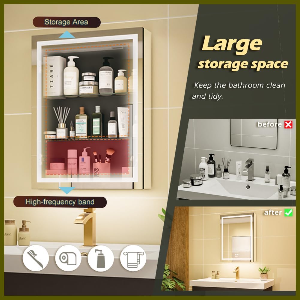 LED Beleuchtetes Badezimmer Medizin Spiegel Schrank, Defog, Stufenloses Dimmen, Speicher 3-Farben Modus, Speicher Regale, Steckdosen & USBs (Linkes Scharnier, 50 x 70 cm)