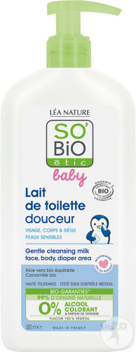 So'Bio Étic Baby Lait De Toilette Douceur Visage/Corps/Siège Peaux Sensibles Bio Flacon Pompe 500ml