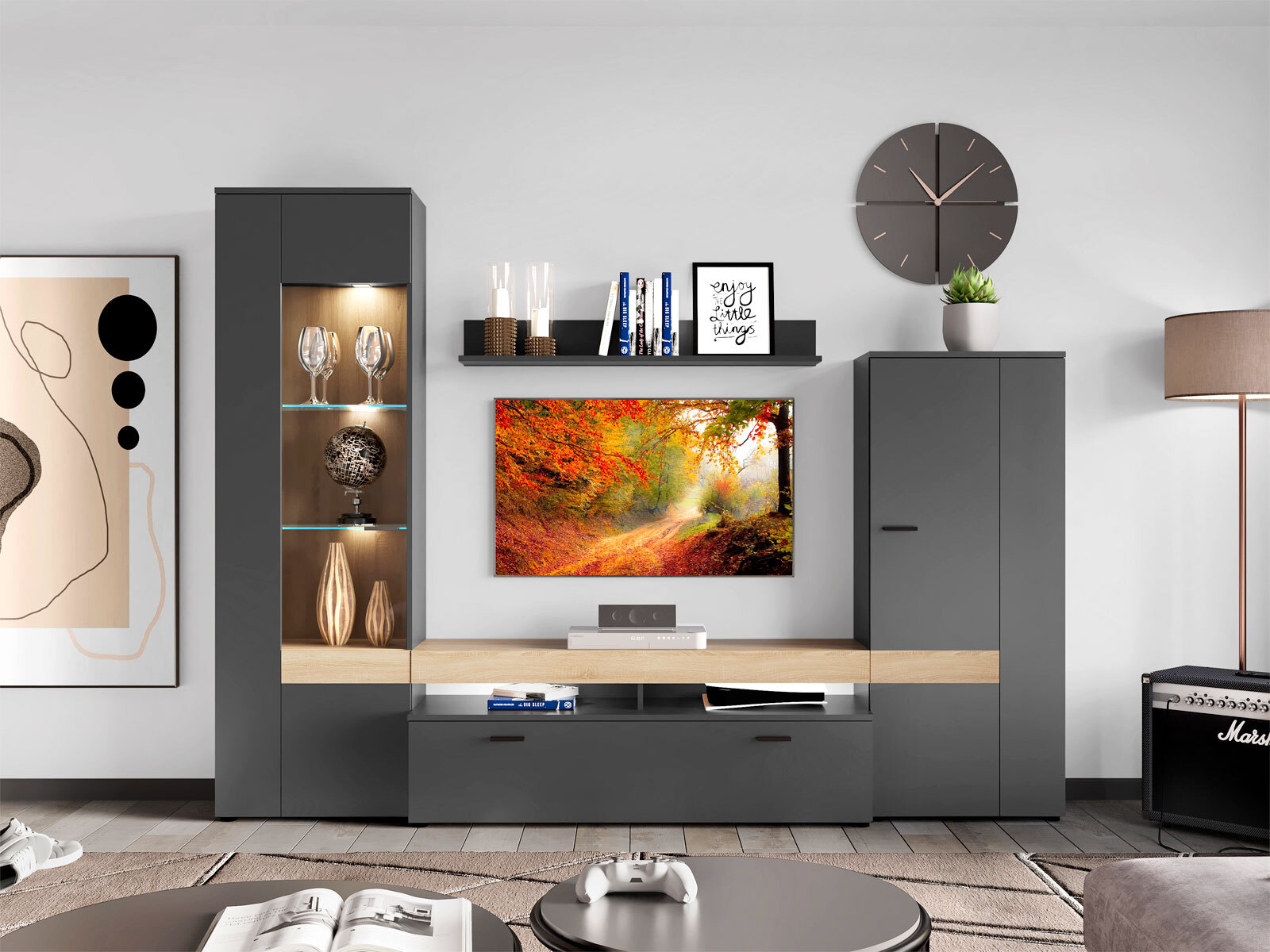 Wohnwand Ego Anthrazit/Braun 260x195x43 cm