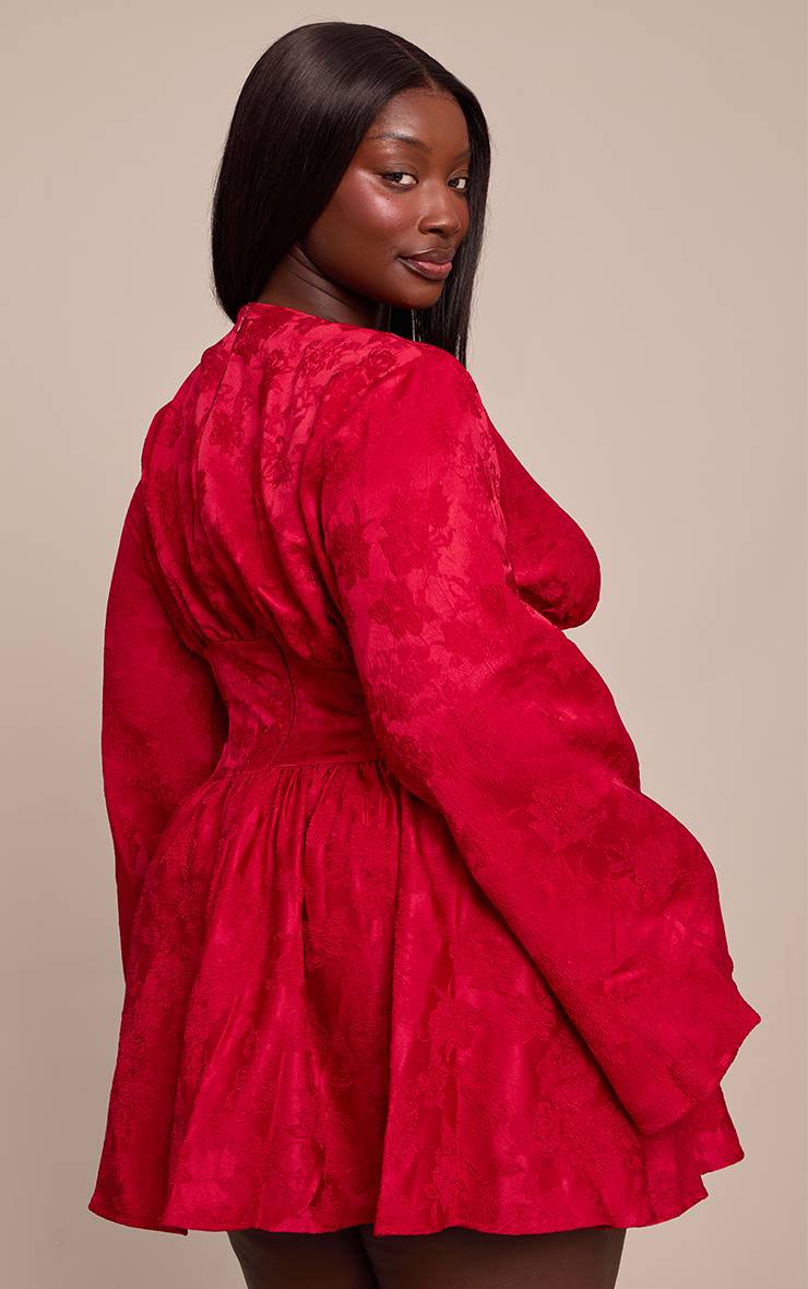Rouge Robe Mini Grande Taille À Manches Évasées En Jacquard Floral