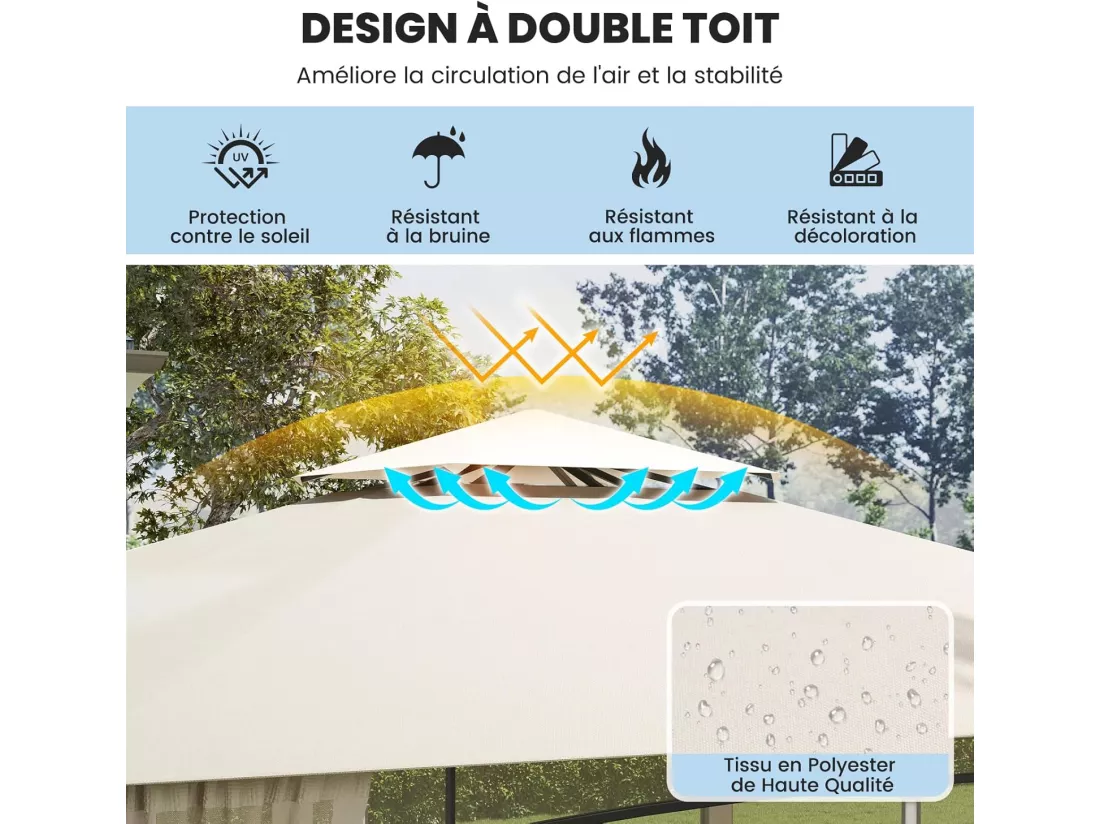 Tonnelle de Jardin 360 x 300 CM avec Moustiquaire, Pavillon de Patio Extérieur avec Toit à 2 Niveaux Cadre Métallique, Tente Gazebo à Toit Imperméable pour Pelouse Terrasse, Beige