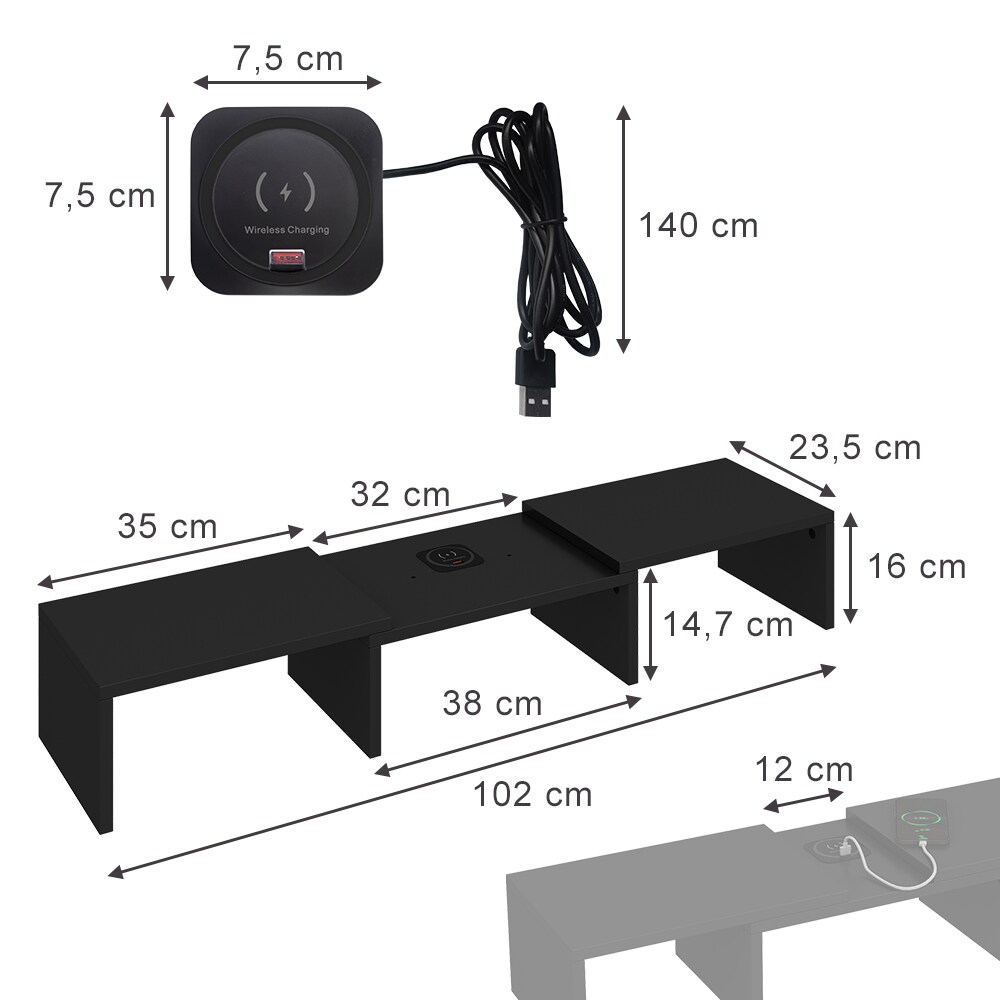 Vicco Monitorständer Halva Schwarz 82 x 16 cm mit QI-Ladestation und USB