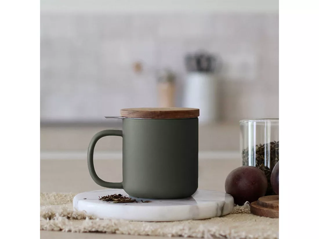 Ogo Living - Tisaniere Juliet 300ml En Gres Kaki Avec Couvercle Bois D'acacia