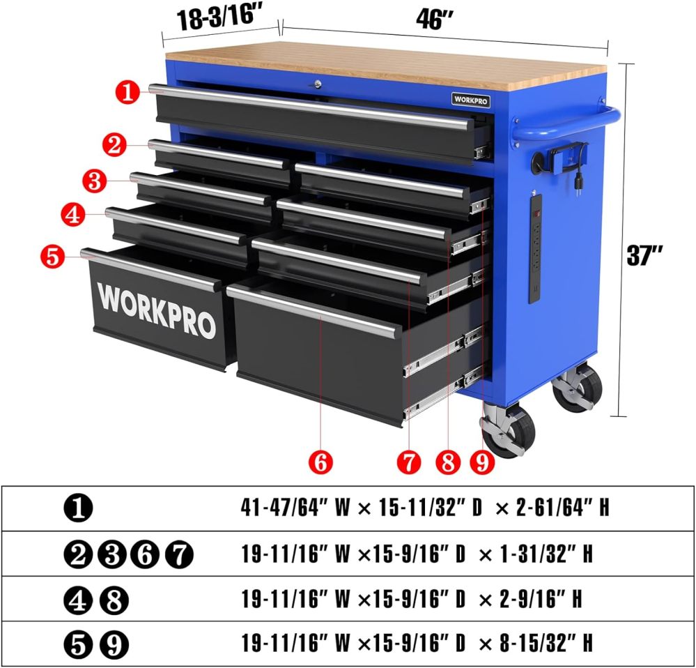 Armário de ferramentas móvel WORKPRO de 46 polegadas com 9 gavetas e rodízios, tampo de madeira, equipado com alça, forro para gavetas e sistema de travamento, capacidade de carga de 1200 libras.