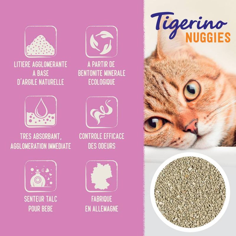 Litière Tigerino Nuggies, senteur talc pour bébé à prix discount sur bitiba.fr