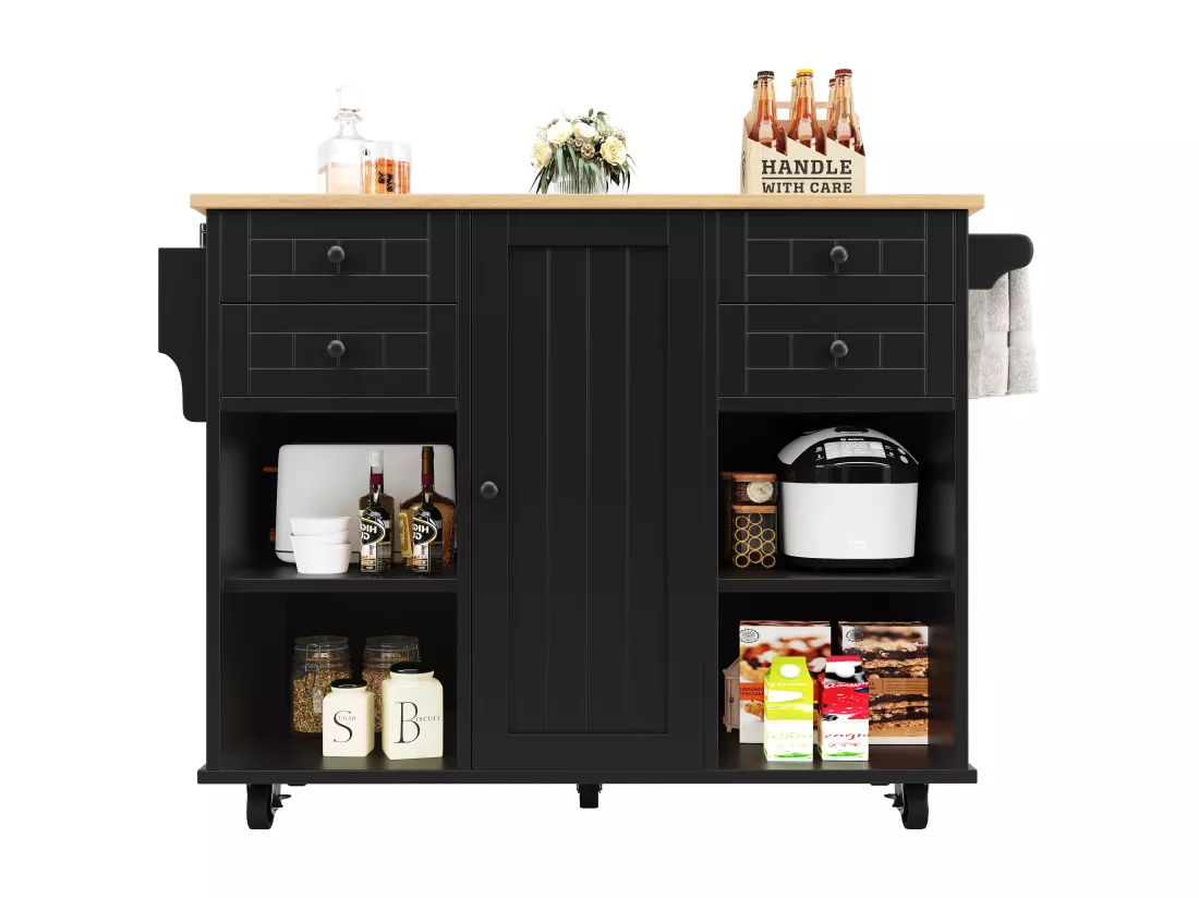 Ilot central de cuisine mobile avec 4 tiroirs, 1 porte et étagères de rangement - 127 x 46 x 91.5 cm - MDF et métal - Noir